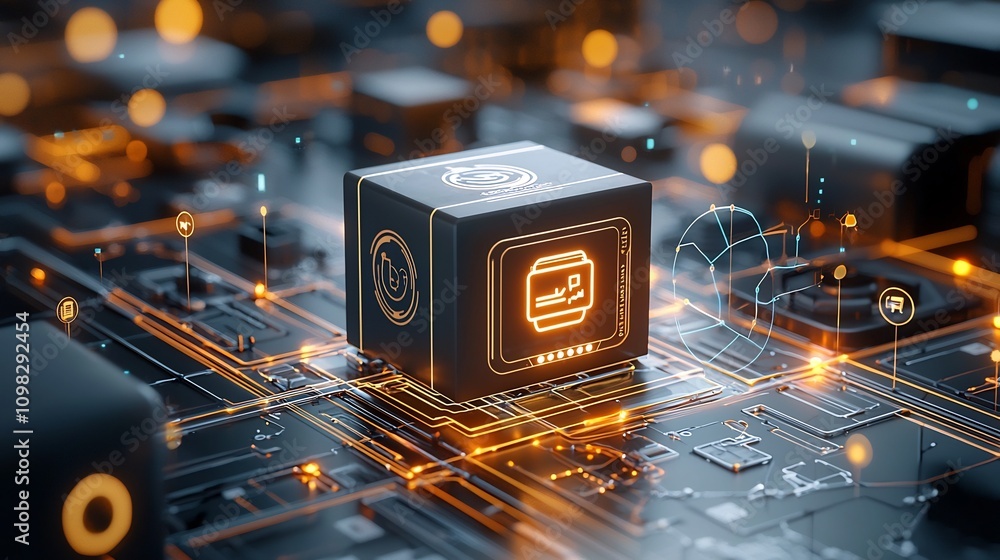 Aufkleber Bright sleek delivery box with a glowing map graphic on a modern high tech conveyor belt connected to an illuminated futuristic transport network system