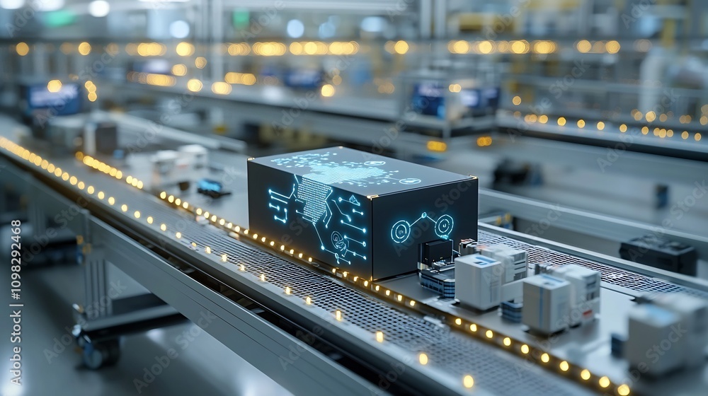Poster Futuristic high tech box with a glowing map design placed on a conveyor belt under a network grid illuminated with bright nodes representing the advancement of modern technology connectivity