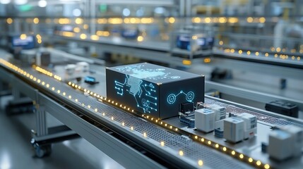 Futuristic high tech box with a glowing map design placed on a conveyor belt under a network grid illuminated with bright nodes representing the advancement of modern technology connectivity