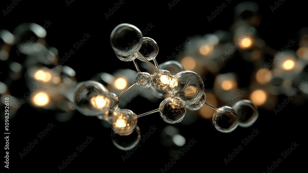 Poster data molecule cluster with translucent nodes, each connecting point gently illuminated