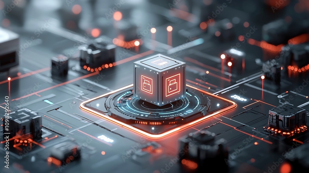 Poster Cutting edge transportation scene featuring a glowing delivery box moving along a high tech conveyor belt amidst a network of illuminated nodes