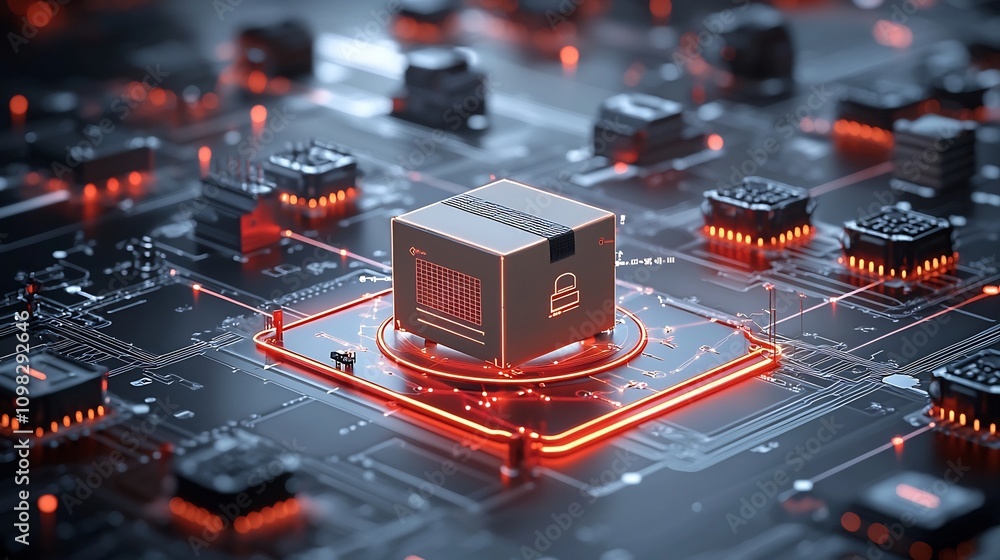 Poster Futuristic delivery scene featuring a glowing transportation box on a sleek conveyor belt system amidst a network of bright interconnected nodes in a high tech automated logistics environment