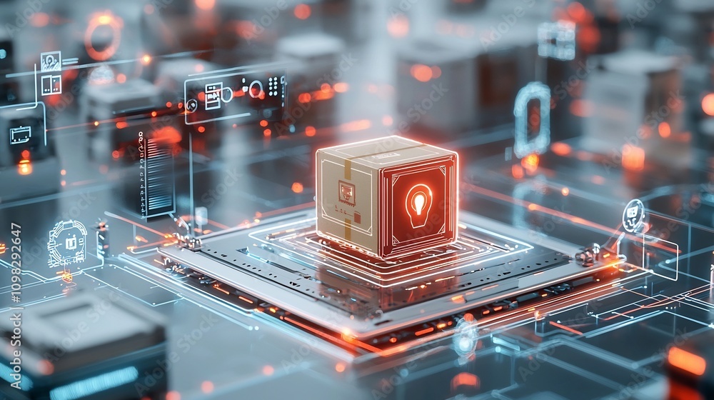 Fototapete High tech transportation scene featuring a glowing delivery box on a conveyor belt amidst a network of bright nodes showcasing the future of automated logistics and smart supply chain systems