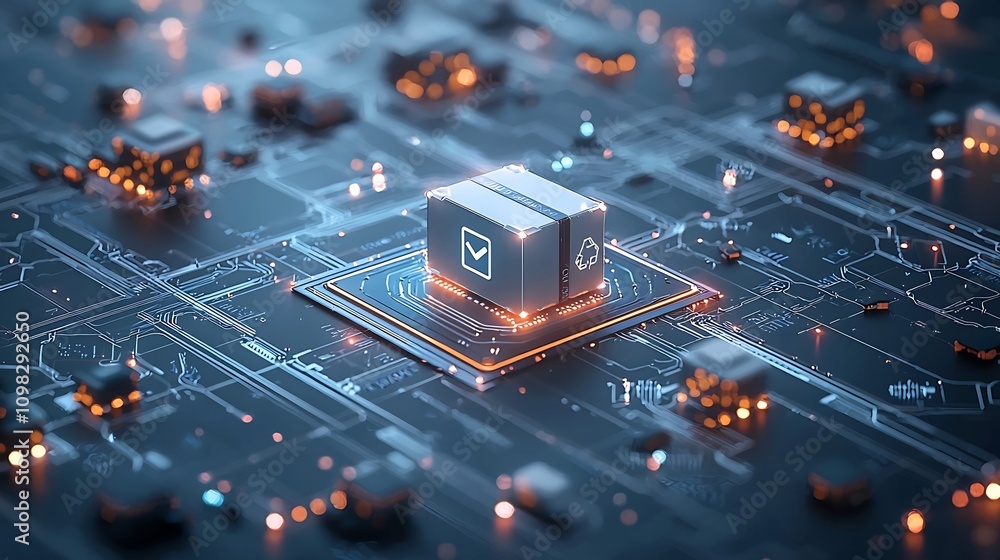 Poster Glowing delivery box moving along a high tech conveyor belt surrounded by a network of bright interconnected nodes