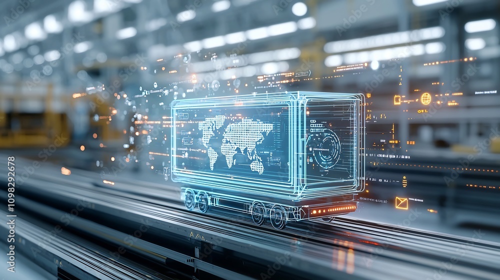 Poster Futuristic delivery box glowing with a detailed map gliding smoothly on a connected conveyor belt within an advanced intelligent transport system of the future