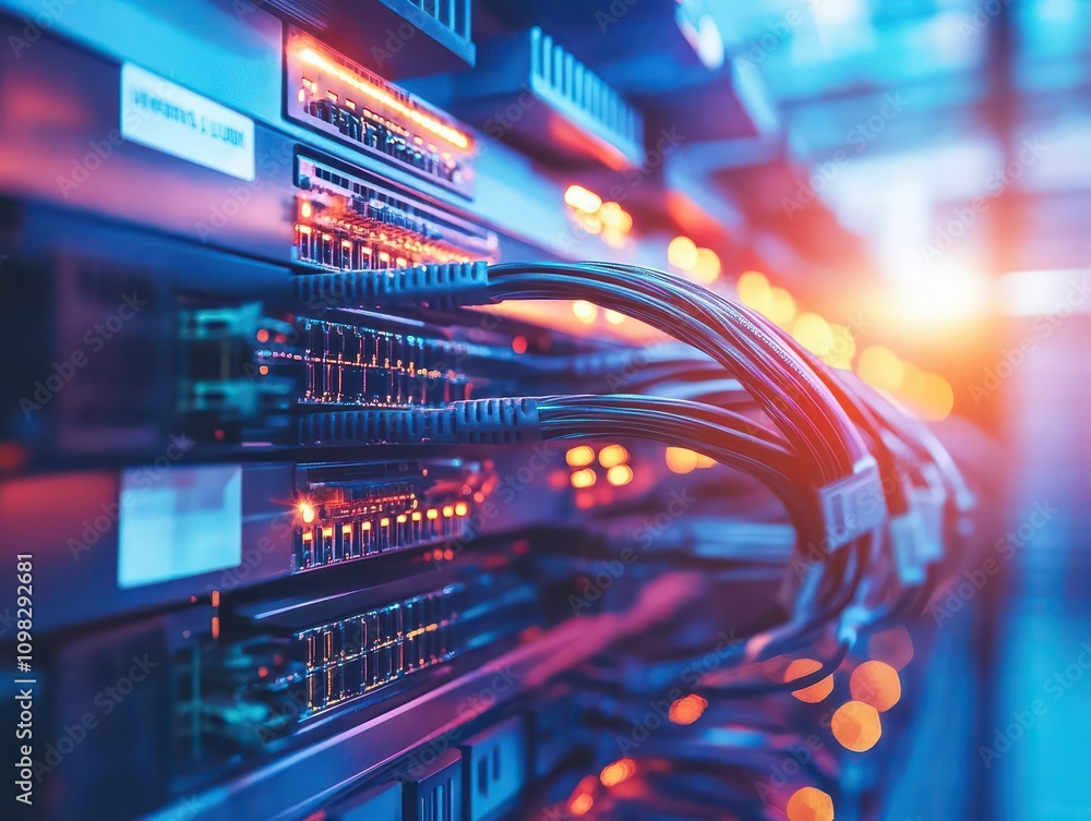 Poster cables meticulously organized in a server room, showcasing a blend of technology and efficiency, emp