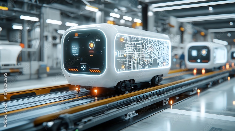 Poster Futuristic delivery box glowing with a detailed map gliding on a conveyor belt within a connected and automated transport system showcasing the future of logistics and cargo distribution