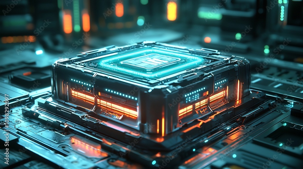 Poster futuristic processor with glowing connections on a modern minimalist blue green background this abst