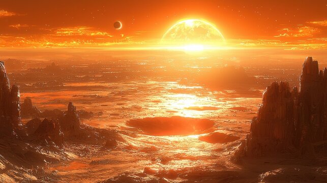 Sunset over alien landscape alpha centauri b system digital art sci-fi environment otherworldly viewpoint cosmic concept