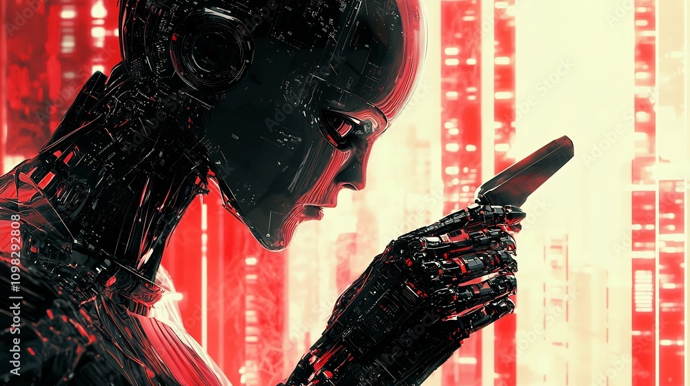 Poster futuristic robot holding a mechanical tool with a spacious calming and digital holographic tech back