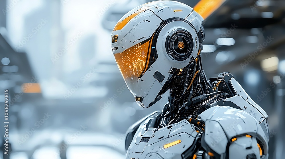 Poster futuristic robot with a mechanical arm set against a sleek high tech background this image evokes a 