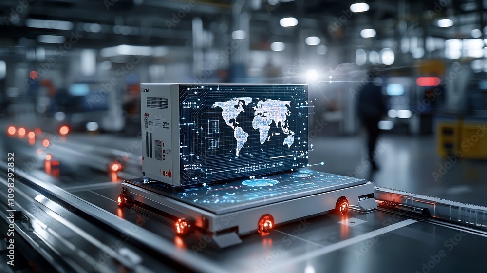 Aufkleber A futuristic box with a glowing world map on a conveyor system surrounded by illuminated nodes symbolizing a global network of interconnected technology and data flow