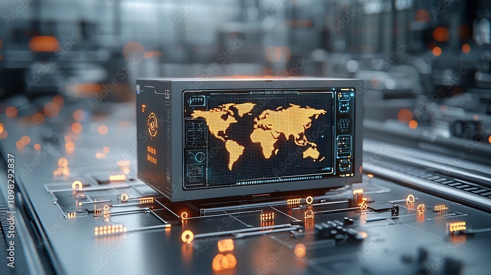 Aufkleber A futuristic conveyor system featuring a glowing world map projection surrounded by illuminated nodes symbolizing a connected global network of technology and communication