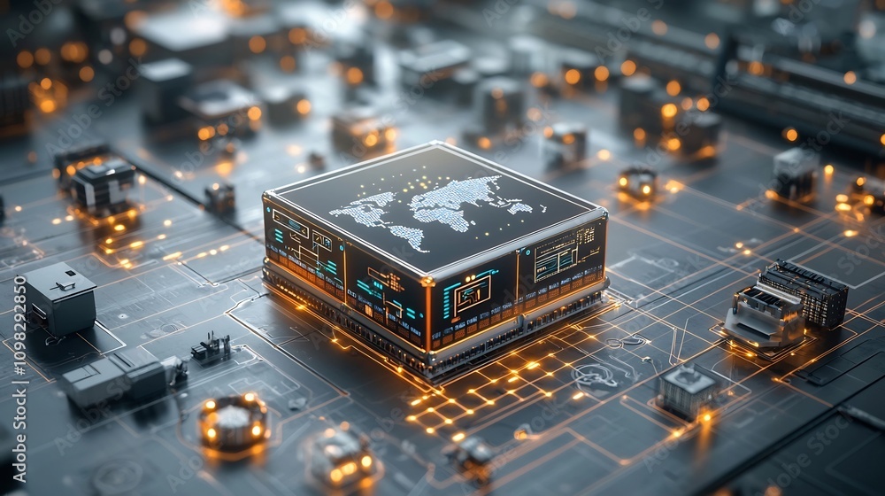 Aufkleber Futuristic global logistics network with a glowing world map displayed on a conveyor system surrounded by illuminated nodes symbolizing a connected worldwide system of data transportation