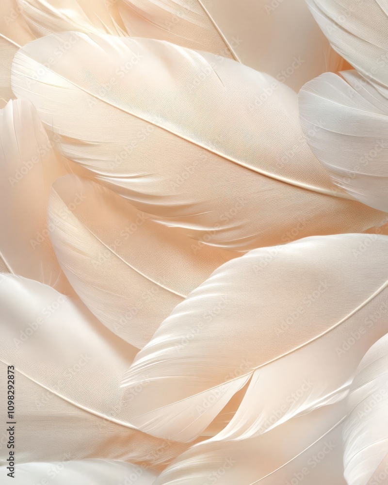 Poster A close-up view of soft, delicate feathers displaying a subtle palette of ivory tones, creating a serene and calming visual effect.