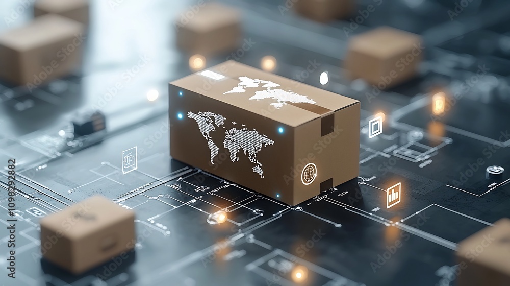 Fototapete Futuristic box with a glowing world map displayed on a conveyor system surrounded by an array of illuminated nodes symbolizing a global interconnected network