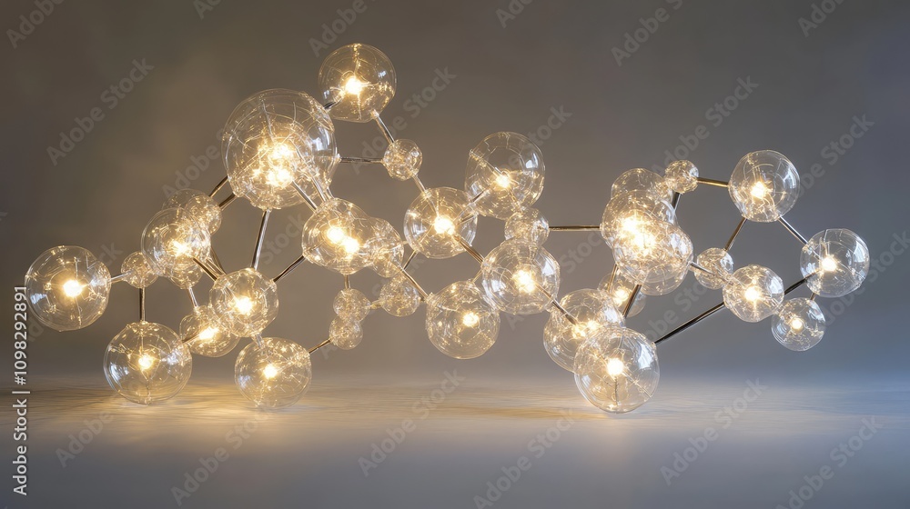 Poster data molecule cluster with translucent nodes, each connecting point gently illuminated