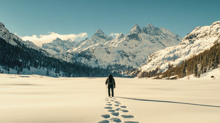 Backpacker explores vast snowy landscape with majestic mountains in the background