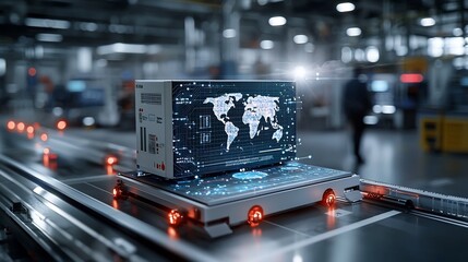 A futuristic box with a glowing world map on a conveyor system surrounded by illuminated nodes symbolizing a global network of interconnected technology and data flow