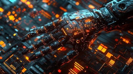 Futuristic robot with advanced mechanical arm against a spacious and modern technological background showcasing innovation progress and the future of automation and engineering