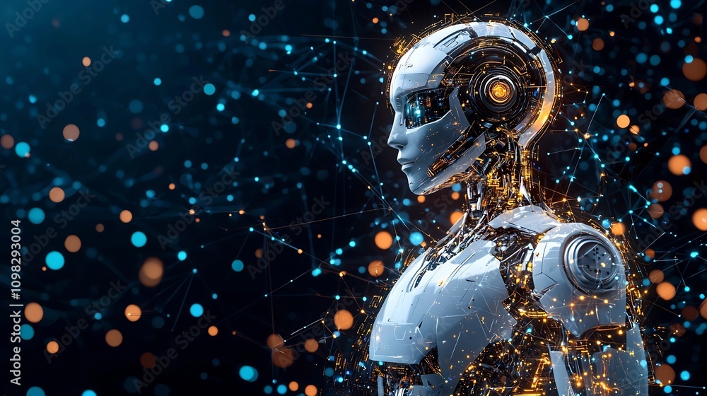 Poster futuristic robot with sleek holographic digital interface background ideal for modern graphic design
