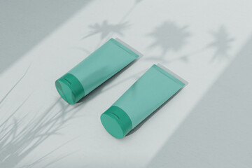 Elegant cosmetic liquid two bottle with a white background. 3D render of a beautiful cosmetic template for advertising. Makeup product brand and logo design branding V1