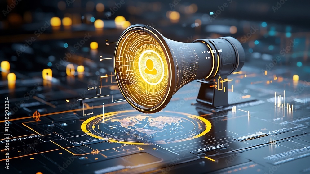 Poster Vibrant megaphone with a glowing world map pattern radiating golden light onto a futuristic and colorful globe in a clean modern setting  Representing global communication technology