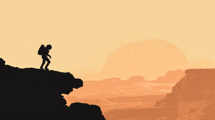 Naklejka premium Silhouette of a space explorer climbing a Martian rock formation against a distant dust storm