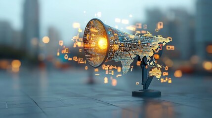 Innovative futuristic megaphone device with a radiant world map motif projecting a shimmering golden light onto a luminous glowing sphere in a clean minimalistic environmental setting