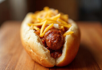 Chili Cheese Hot Dog with Toppings on Wooden Surface
