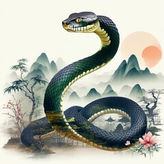 Obraz premium Snake image in oriental style. Chinese lunar calendar 2025 - generative AI