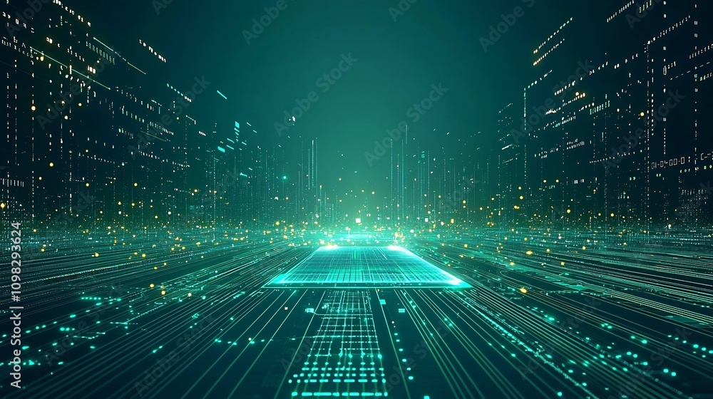 Poster glowing blue green chip futuristic tech background for digital messaging concept design and technolo