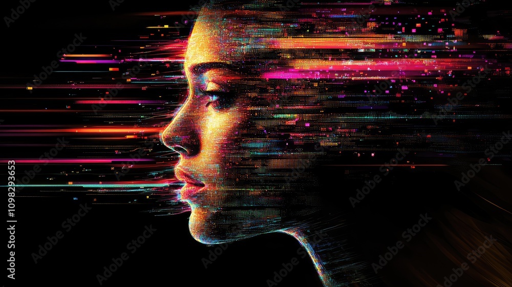 Poster data streams forming the outline of a face, with neon accents and glitch patterns creating a futuris