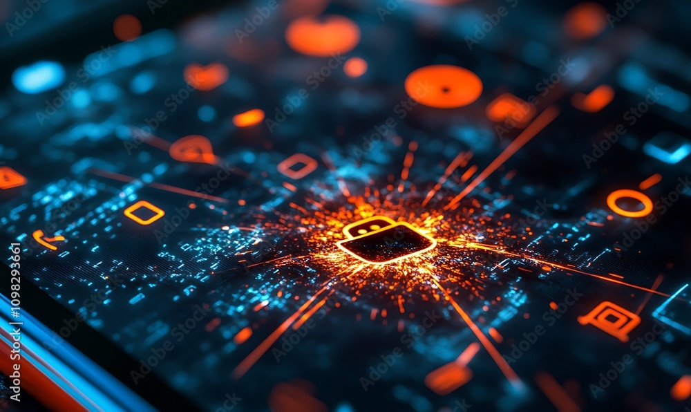 Poster a close-up of a smartphone screen displaying digital connections and a central chip.