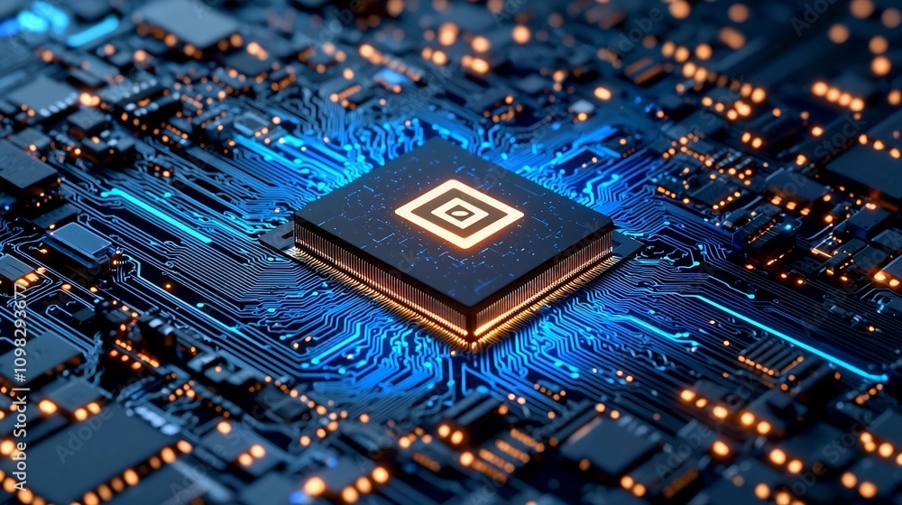 Poster glowing chip surrounded by futuristic digital circuit pattern in a spacious and modern design