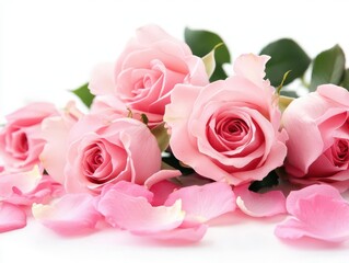 Obraz premium close-up decorative web banner featuring blooming pink roses and scattered petals, beautifully arranged on a white table, offering a floral frame composition with ample empty space for text