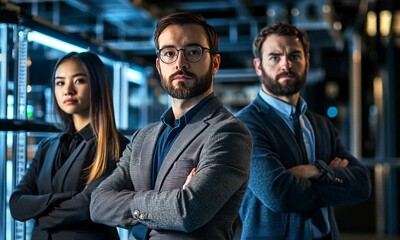 Confident tech team standing arms crossed in a data center