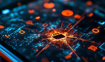 Obraz premium A close-up of a smartphone screen displaying digital connections and a central chip.