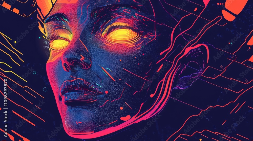Poster data streams forming the outline of a face, with neon accents and glitch patterns creating a futuris