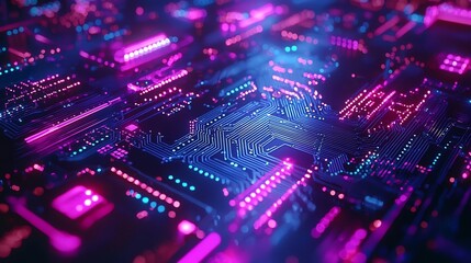 Fototapeta premium Glowing Digital Tech Abstract Background with Sleek Illuminated Circuits Futuristic and Spacious Design with Blue and Violet Glowing Lines and Minimalist Geometric Shapes