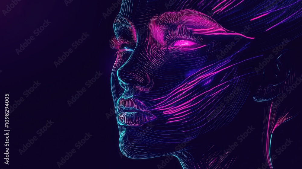 Poster data streams forming the outline of a face, with neon accents and glitch patterns creating a futuris