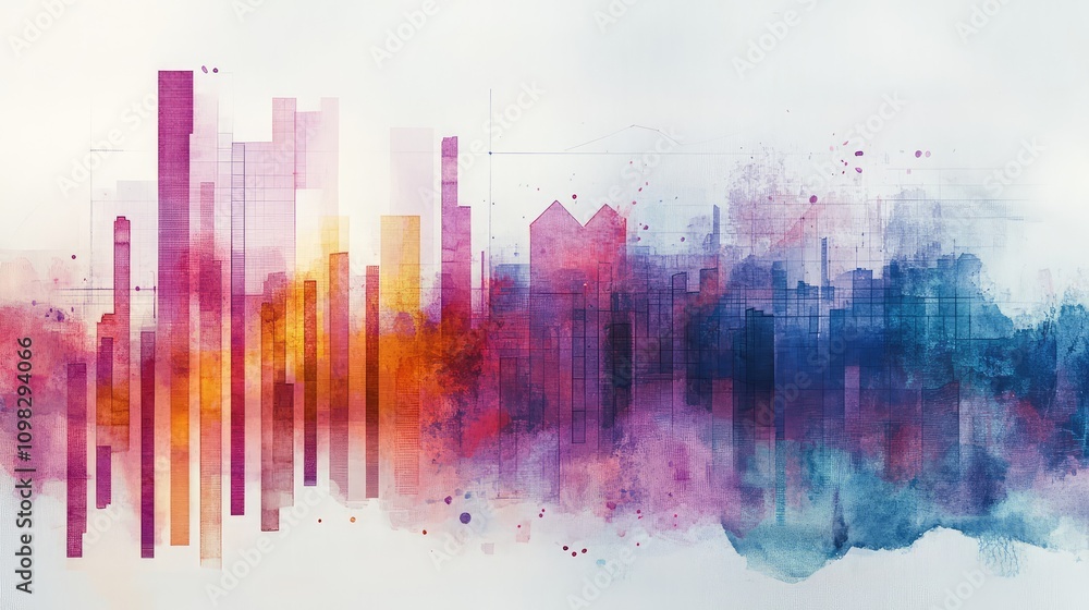 Poster data visualization charts fused with vibrant watercolor washes, creating a modern mixed media style