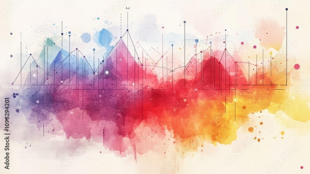 Poster data visualization charts fused with vibrant watercolor washes, creating a modern mixed media style