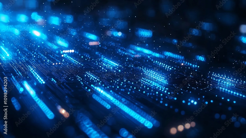Poster glowing neon blue circuit lines against an open minimalist space create a modern elegant and futuris