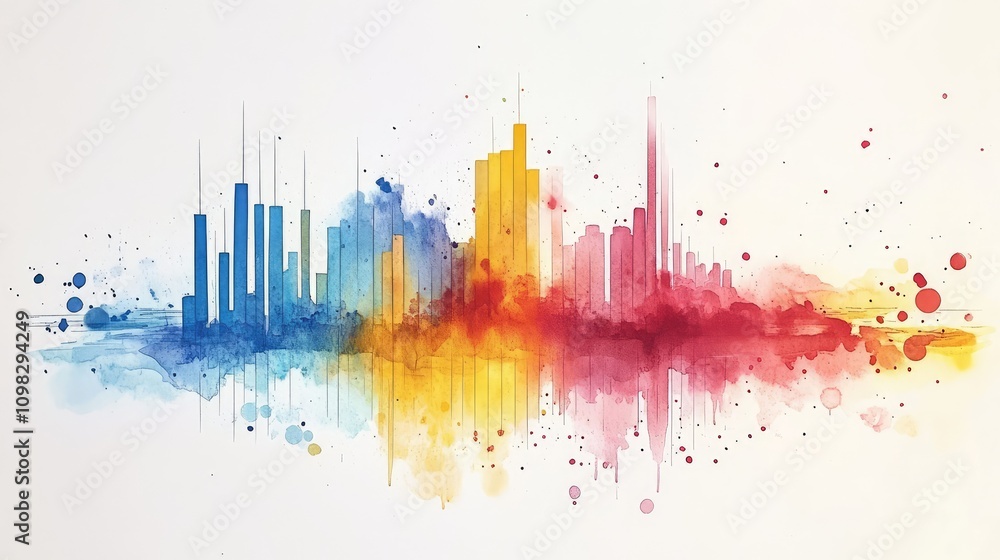 Poster data visualization charts fused with vibrant watercolor washes, creating a modern mixed media style