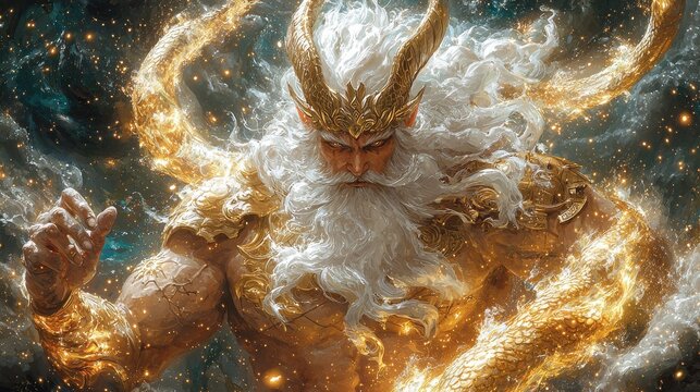 Fuxi the god of knowledge holding a glowing celestial sphere mythical realm digital art ethereal environment divine viewpoint