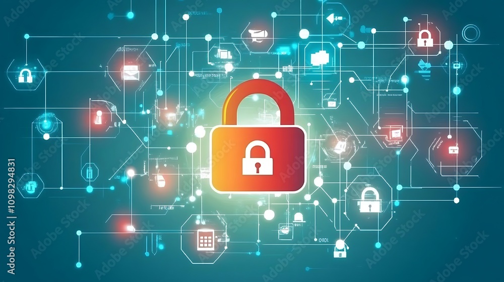 Poster digital lock symbolizing cybersecurity amidst a network of interconnected technology elements.