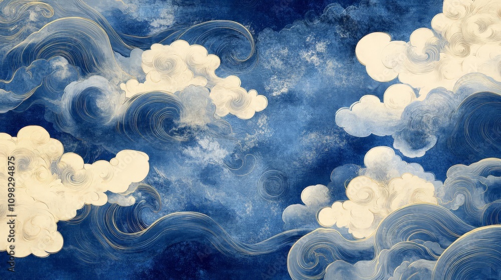 Poster a stunning abstract representation of sky and clouds, blending deep blue hues with soft white clouds