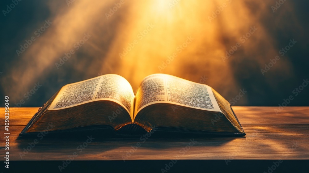 Poster an open book illuminated by rays of light, symbolizing knowledge and spirituality.