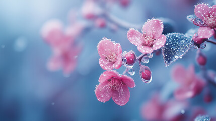 Dew-kissed leaves glistening in the soft morning light with a calming blue hue reflecting nature's tranquility.